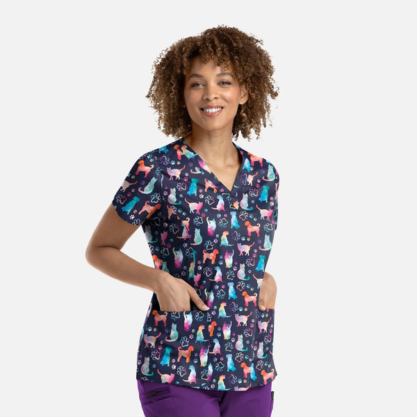 Maevn Prints Scrub Top - Fur-Ever Colorful