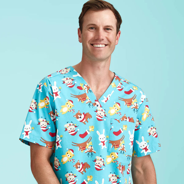 Mens Christmas V-Neck Cotton Short Sleeve Scrub Top - Animal Blue