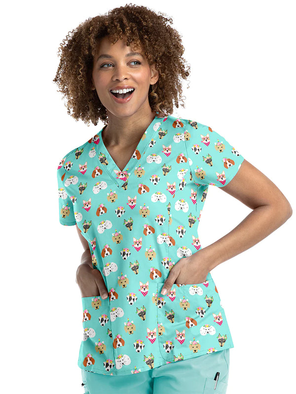 Maevn Printed V-Neck Scrub Top - Picture Perfect
