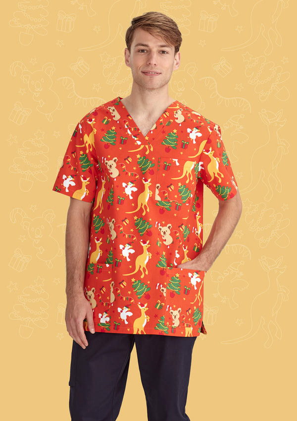 Mens Christmas V-Neck Short Sleeve Scrub Top - Australia Orange