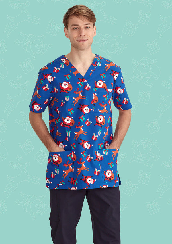 Mens Christmas V-Neck Cotton Short Sleeve Scrub Top - Santa Electric Blue