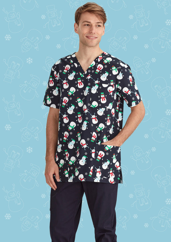 Mens Christmas V-Neck Cotton Short Sleeve Scrub Top - Snowman Midnight Navy