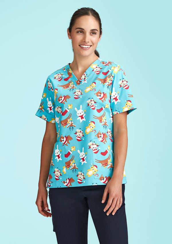 Ladies Christmas V-Neck Cotton Short Sleeve Scrub Top - Animal Blue