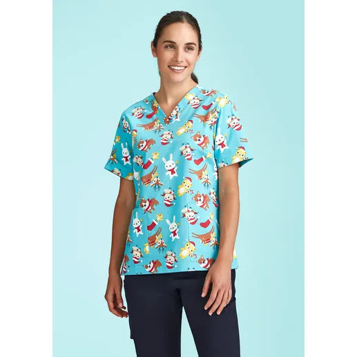 Biz Care 2024 Christmas Ladies Cotton V Neck Scrub Top