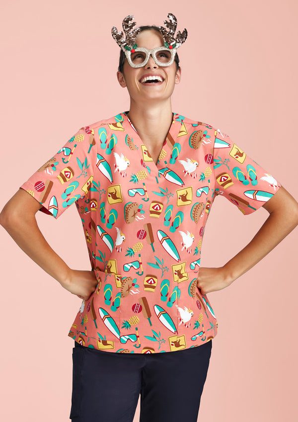 Biz Care 2024 Christmas Ladies Cotton V Neck Scrub Top