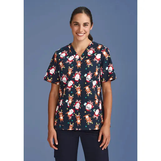 Biz Care 2024 Christmas Ladies Cotton V Neck Scrub Top