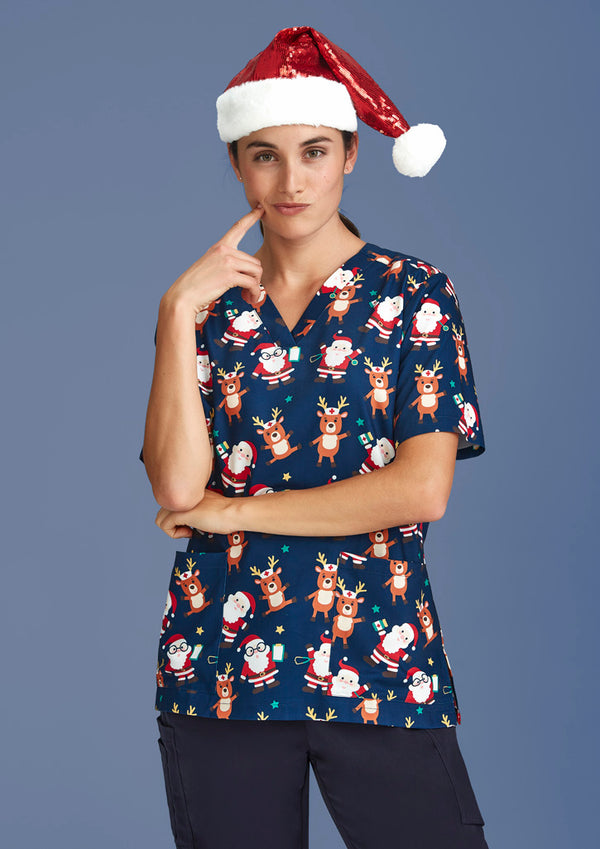 Ladies Christmas V-Neck Short Sleeve Scrub Top - Nurse Midnight Navy