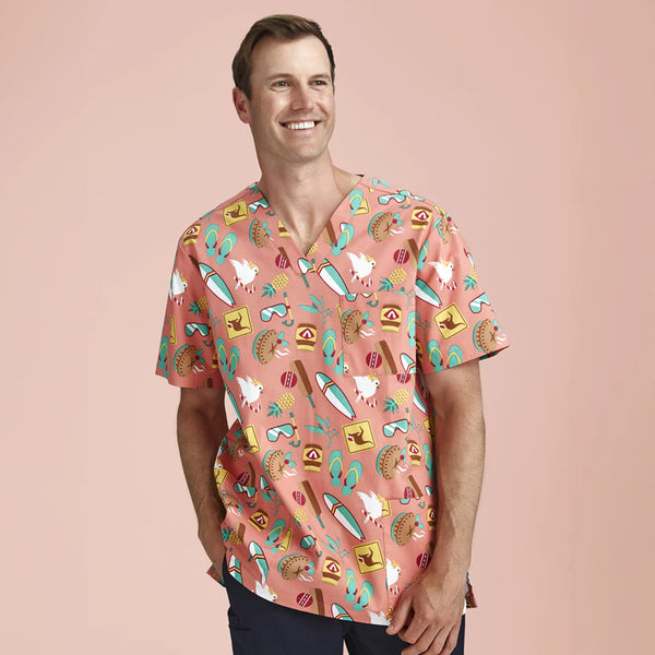 Mens Christmas V-Neck Cotton Short Sleeve Scrub Top - Australia Coral