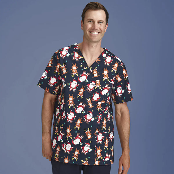 Mens Christmas V-Neck Cotton Short Sleeve Scrub Top - Nurse Midnight Navy