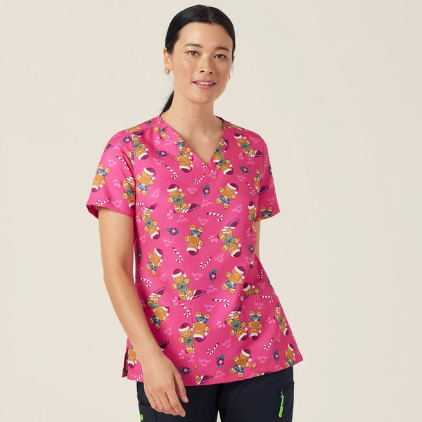 NNT Ladies Gingerbread Surfer V-Neck Short Sleeve Scrub Top